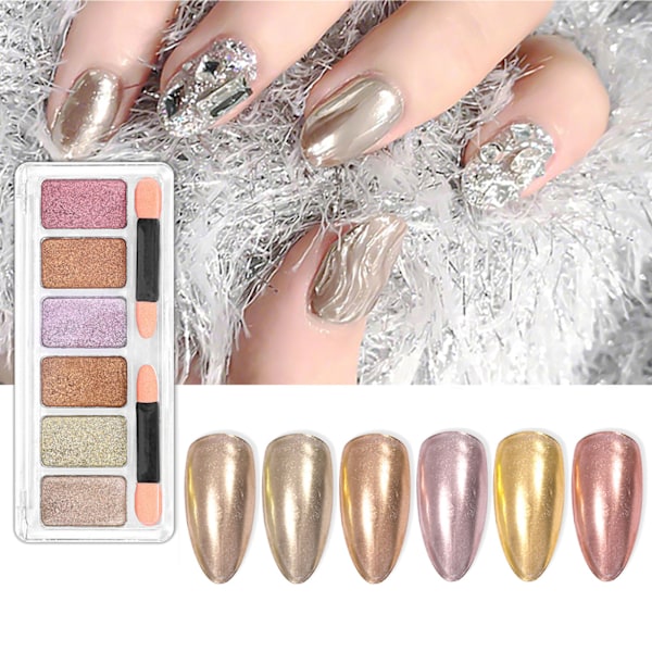 6 färger metalliskt spegelpulver glitter krom nagelpulver med 2 målarpinnar nagelkonst manikyrset