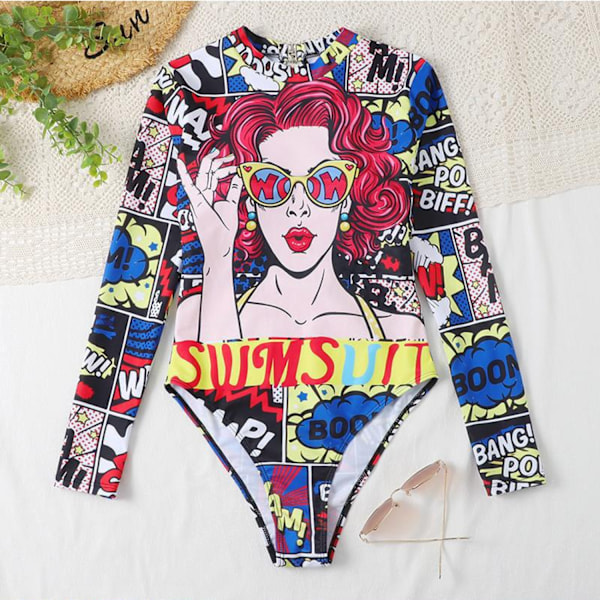 Dam badkläder i ett stycke blommigt tryck rygglös rashguard söt långärmad baddräkt för kvinnor flickor våtdräkt, Style1-rosa, M