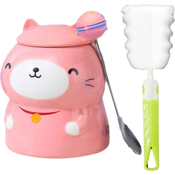 Kattmugg med sked 3D mugg Keramisk kaffekopp Kattunge mjölkmugg Födelsedagspresent Kontor Hem Parmugg (katt, rosa, 450 ml)