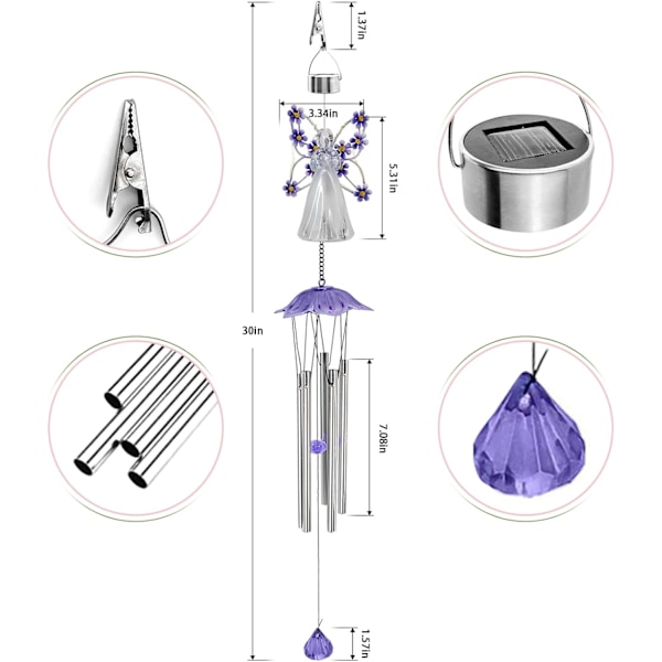 Aurinkoenergialla toimivat tuulikellot, enkeli LED-tuulikellot ulkokoristeluun, vedenkestävä enkeli aurinkoenergialla toimivat riipputuulikellot valot puutarhaan Purple