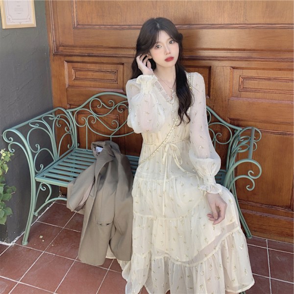 Kvinde Langærmet Fashionable Wave Dot Trykt Chiffon Kjole Temperament Fritid Ferie(L)