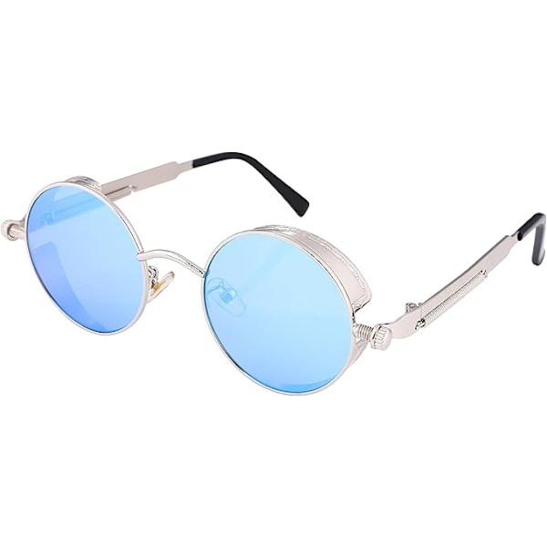 Retro Gotisk Steampunk Solbriller Rund Metalramme Punk Cirkel Inspireret Skygge Mænd B1862 Silver/Blue