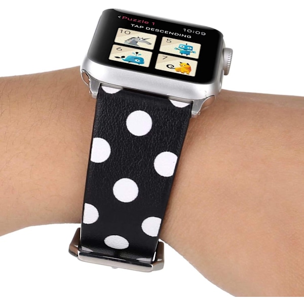 Naisten ja tyttöjen söpö pöllökuvioinen nahkainen ranneke Apple Watch -kelloille Series 6/SE/5/4 40mm ja Series 3/2/1 38mm - Musta valkoisella, 38/40mm