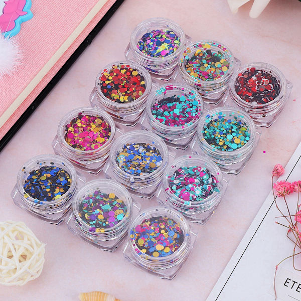 12 flaskor nagelkonst runda paljetter glitter glanspulver manikyr dekoration
