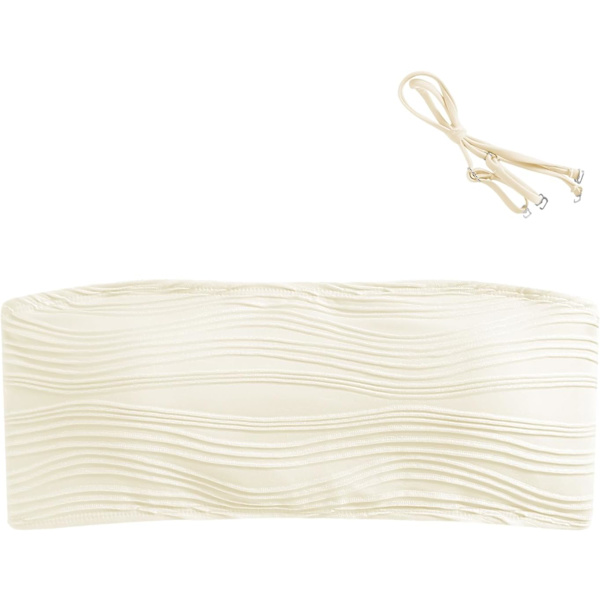 Kvinnor 2 Delar Bandeau Baddräkter Ribbade Spets Up Strapless Bandeau Bikini Set High Cut Baddräkter 5-top Only-2beige L