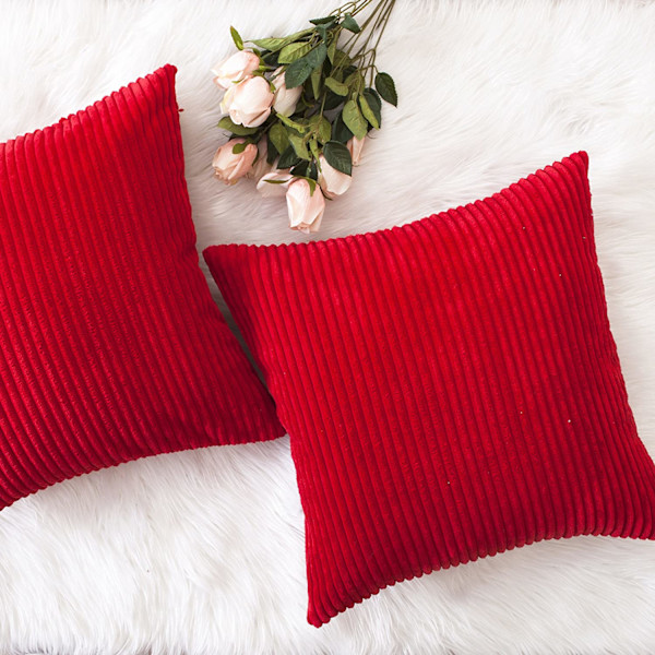 Röda jul kuddar dekorativa prydnadskuddar överdrag för soffa bänk randig sammet accent kuddfodral, 16 x 16 tum, 40x40cm, set med 2