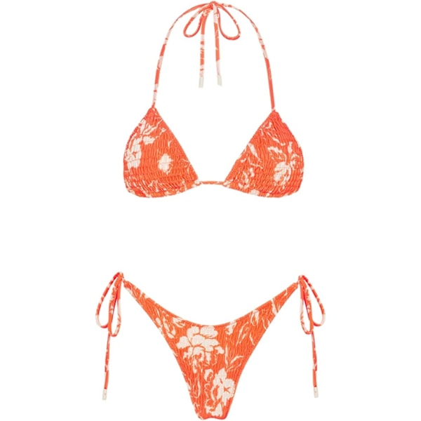 Kvinnors Triangel Bikini String Baddräkt Tryck Tie Smocked Ruched Tvådelad Baddräkt Set Orange2 L