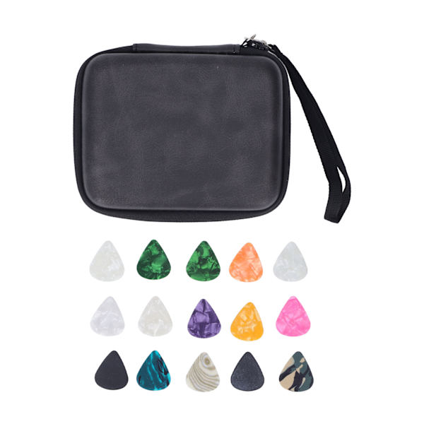 Guitar Pick Bag Sæt Celluloid Picks Opbevaringspose Holder Etui PU Læder til Instrument Tilbehør Sort