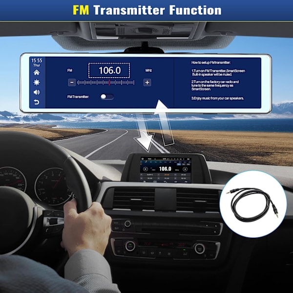 Spejl Dash Cam med trådløs CarPlay Android Auto, 1080P forreste og bageste dobbelte Dash-kameraer til biler, lastbiler, 11,26 '' IPS Touch Scree