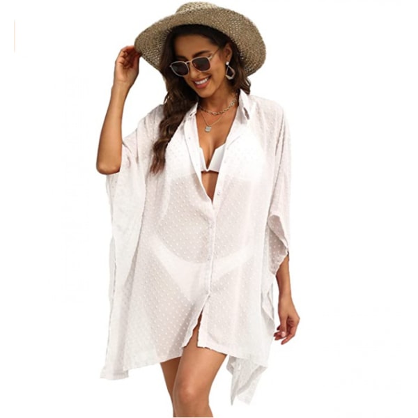 Kvinners badedrakt cover up knapp chiffon badedrakt strand cover up --- Hvit（Størrelse 2XL）