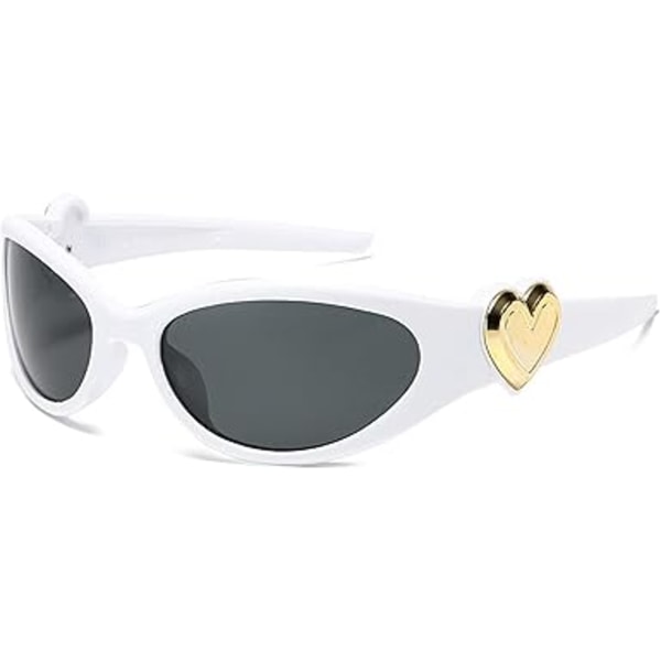 Hjärta Y2k Solglasögon Kvinnor Trendiga 2025 Cool Grunge Söta Ovala Låtsasglasögon Streetwear 2000-tals Modeaccessoarer White Grey