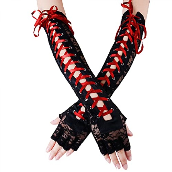 Dame Fingerless Handsker Albue Snørebånd Steampunk Kostume Arm Varmer, Nylon Rød