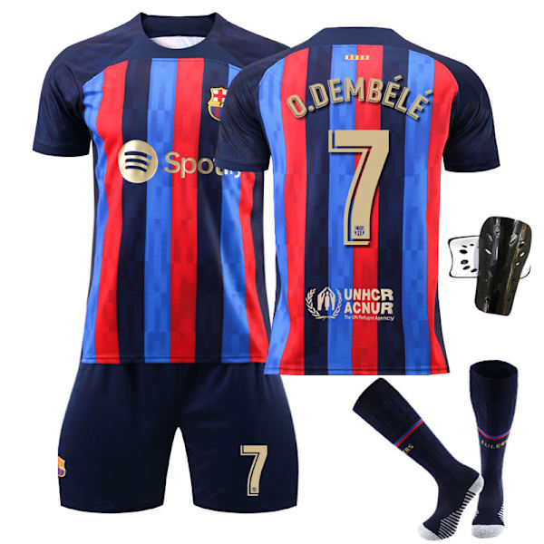 Barcelona fodboldtrøjesæt med sokker og knæbeskyttere til sæson 22-23 - nr. 7 O.DEMBELE#20 No.7 O.DEMBELE #20