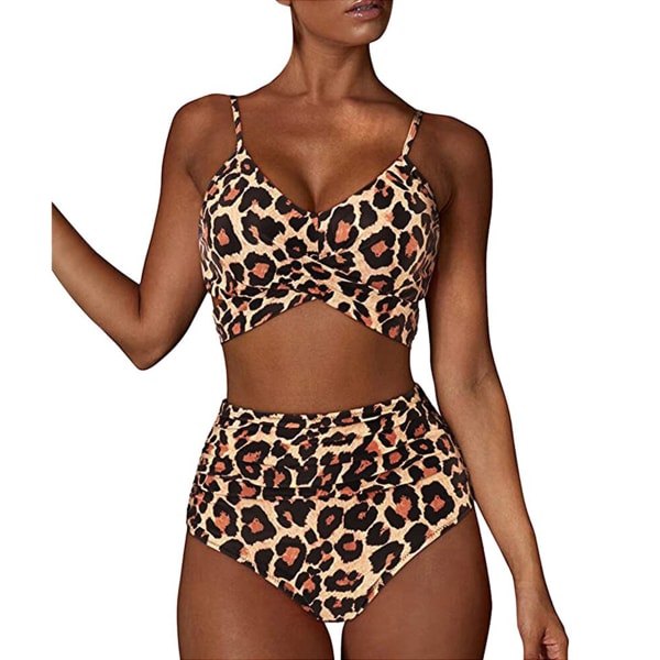 Damer Wrap Bikini Sæt Push Up Højtaljet Todelt Badetøj Split Slange Skind Print Badetøj til Svømning Vandsport (Leopard print) XXL