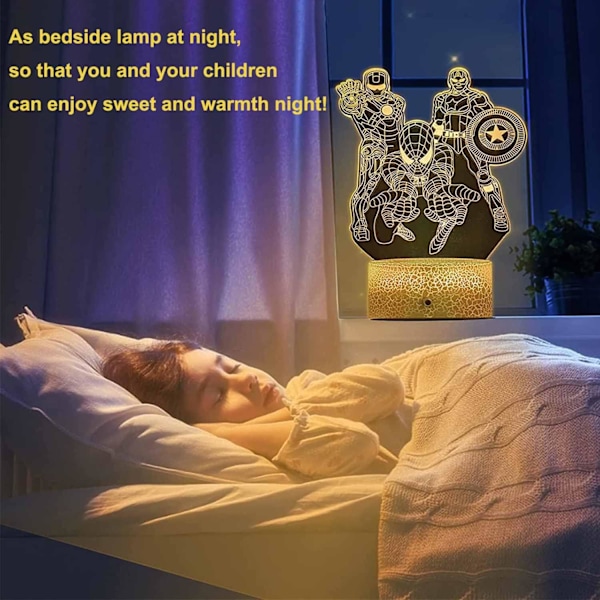 WJ Superhelte 3D Natlampe, 3D Illusion Lampe med 16 Farver Skift Fjernbetjening, USB Bærbar Touch LED Natlampe, Julefødselsdagsgave hjältar