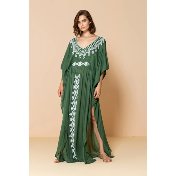 Caftans Loungewear för kvinnor Beach Chiffon Cover Ups 3/4-ärm V-hals Broderad Lös Side Split