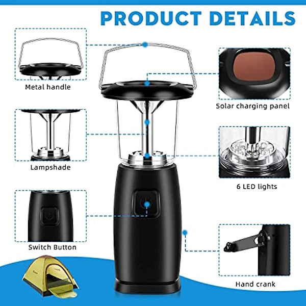Elektriska campinglyktor 6 LED solhandvev dynamoljuslykta lampa vind upp lampa dynamotyrfackla camping