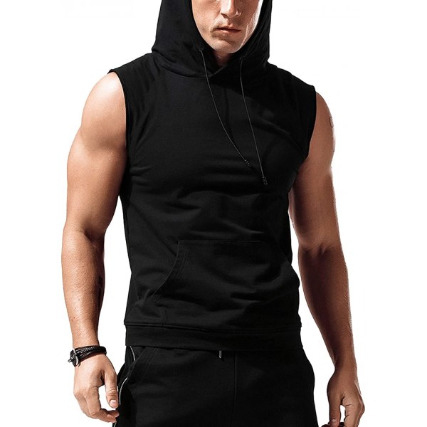 Träningströjor med huva för män Ärmlösa gymhuvtröjor Bodybuilding Muscle Ärmlösa T-shirts, svart, L