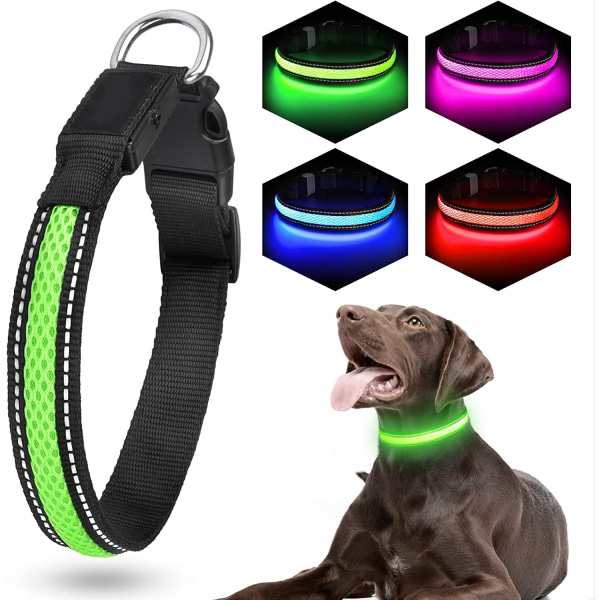 USB uppladdningsbart självlysande hundhalsband, vattentätt halsband för djur, tvåfärgat nät, hundhals, gyllene hår mot avfall på natten (XL, grön)