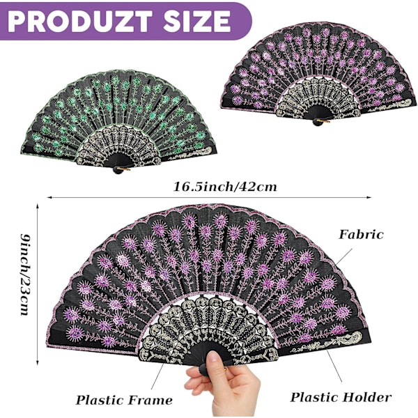 2 st Sequin tyg fällbara fläktar broderade blomma spets trim påfågel fläkt tyg plast fällbar handhållen fläkt för kvinnor handgjorda (grön, ros
