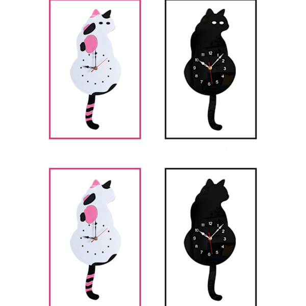 Katt Pendel Väggklocka, Kattklocka med Rörlig Svans, Vardagsrum Kontor Café Sovrum, Present till Kattälskare (Svart Katt-Ögonlös)