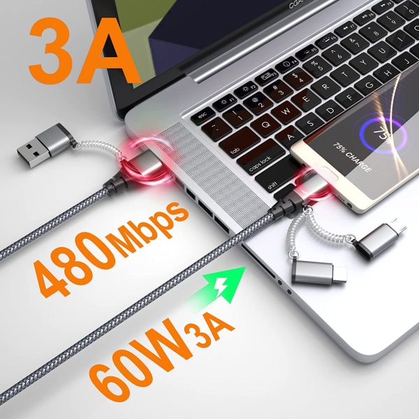 USB C Multi Snabbladdningskabel PD 3A Data Synk Nylon Flätad Sladd USB A/C till Typ C/Micro/iPhone Adapter QC Snabbladdning Kompatibel med iPhone Lap