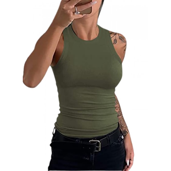 Dam tank toppar sommar ärmlös basic camisole topp skjorta slim   racerback blusar --- Army Green （Storlek 3XL）