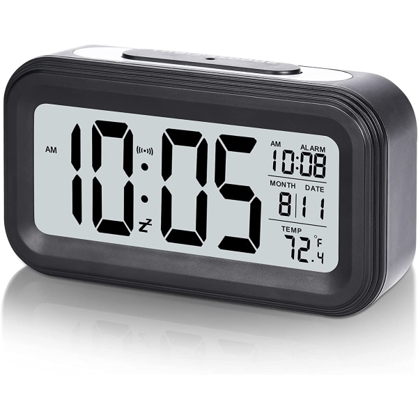 Batteri Digital väckarklocka, LCD-klocka Elektronisk för hemmakontor i sovrummet, med datum, inomhustemperatur, Snooze Light, Liten, Motljus-Svart