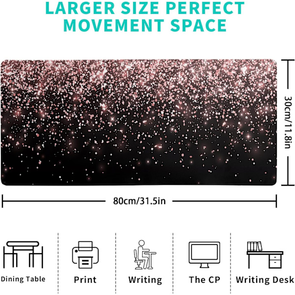Roseguld Glitter Sort Gaming Mousepad, Udvidet Stor Mouse Mat Skrivebordsunderlag, Skrivebordsunderlag XL Mousepad, 3mm Tyk Lang Skridsikker Gummi
