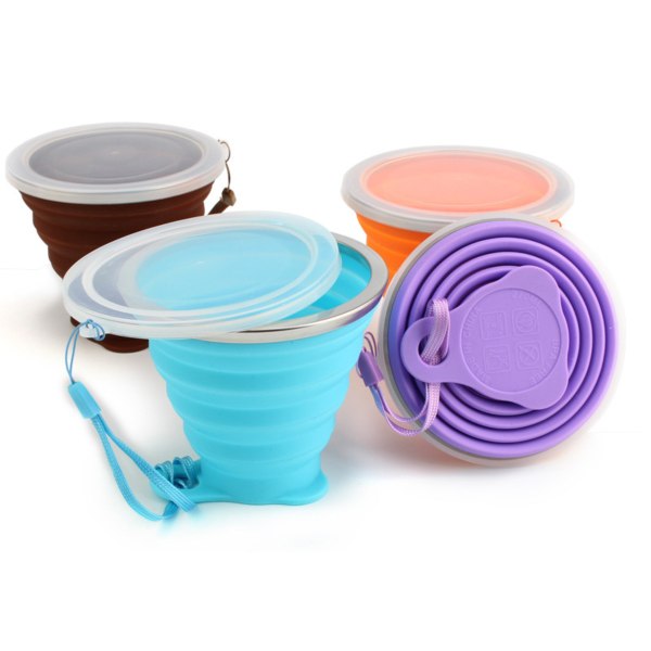 Hopfällbar resesilikonmugg - Hopfällbar silikoncampingmugg med lock - Expanderbar dricksmuggset - Bärbar, graderad [9,22oz]（Brun）