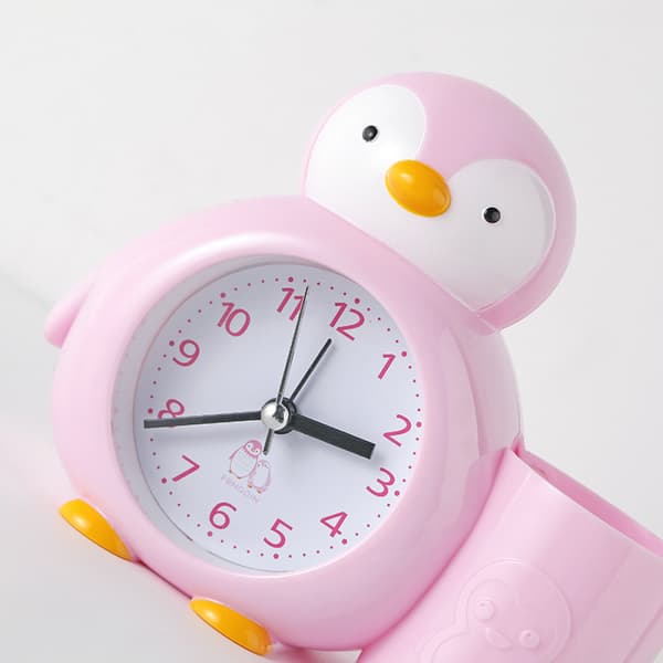 Barnklocka, pingvinpennhållare, väckarklocka, kontorsbordsur, sängtimer, väckarklocka, studentpresent - rosa