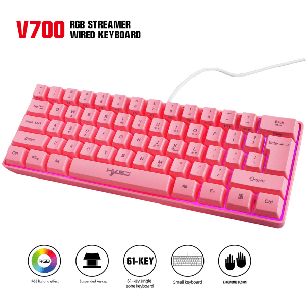 Usb61 Key Wired Tastatur Med RGB Lys, Pink Game Film Tastatur, Egnet Til Bærbar Og Stationær Computer