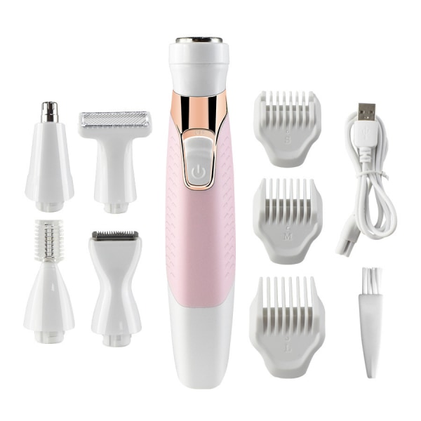 Women Bikini Trimmer, 5 in 1 Woman Electric Shaver, Rechargeable Epilator Lady Hair Painless Shaver for Bikini Area /Nose/ Armpit/Eyebrow/Facial，Pink