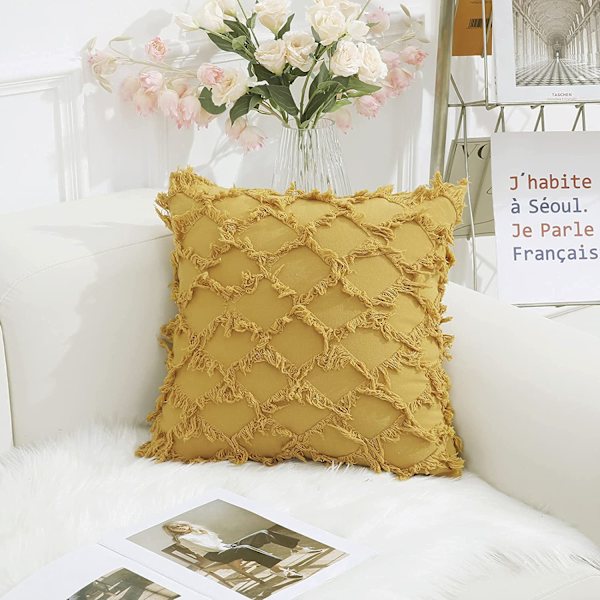 Wekity Sennepsgul Dekorative Putetrekk 20 x 20 Tommer Pakke med 2 Boho Pynteputer til Sofa og Stol, 100% Bomull