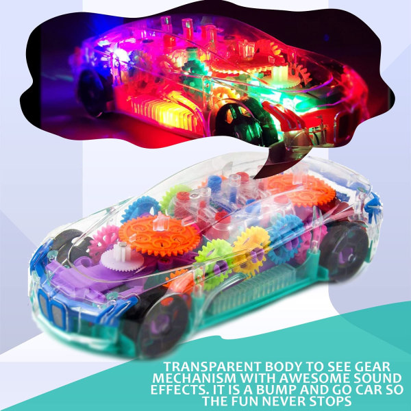 Transparent leksaksbil för småbarn – genomskinlig elbil, mekanisk batteridriven racerbilleksak med synliga färgade växlar, LED-ljus, musik,