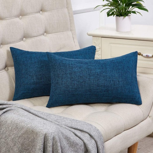 Set med 2 mørkeblå putetrekk Rustikk lin dekorative firkantede pynteputer 20x20 tommer for sofa sofadekorasjon