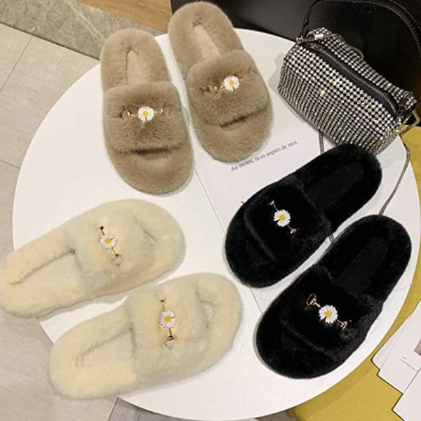 Dam Fluffy Plush Furry Tofflor Öppen Tå Fleece Slip on Tofflor Non Slip Husskor Slides Inomhus Utomhus（Blomma Khaki）