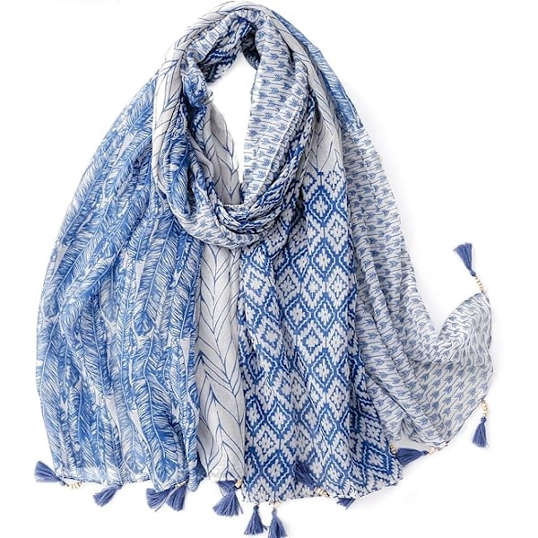 Reseschaal Boho-sjal för kvinnor Casual lättvikts Pashmina-sjal Mode Flerfärgad Sjal Wraps med fransade pärlor, BLÅ
