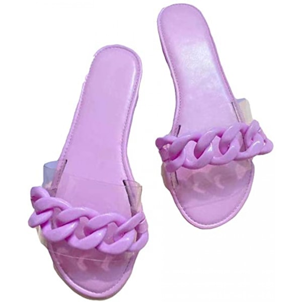 Kvinnersandaler Strand Åpen Tå Flat Slippers Transparent  Mote Fargerik Kjede Klar Slide Flip Flops Slip on Utendørs Strand ----- Lilla （Størrelse 40）