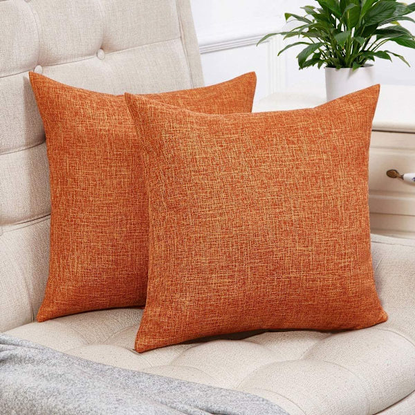 Set med 2 höst-orange kuddfodral i rustikt linne, dekorativa fyrkantiga prydnadskuddfodral 18x18 tum för soffa soffdekoration