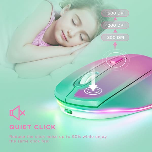 LED Regnbue Lysende - Stille Klik Lille Mus til Laptop/PC/Mac, Gradient Pink Børnemus til Chromebook/Windows Gradient Pink