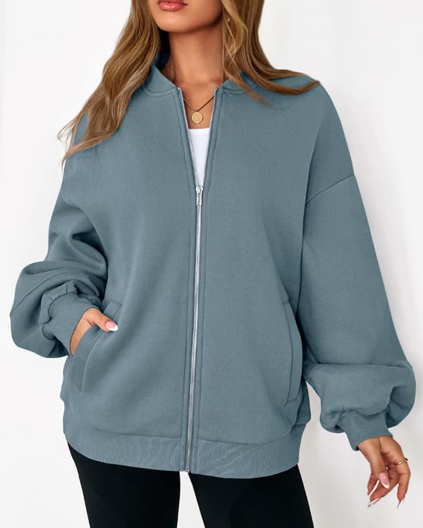 Oversized Sweatshirt med Dragkedja, Bomberjacka för Kvinnor, Ytterkläder för Vintervardagsoutfits Grey Blue Small