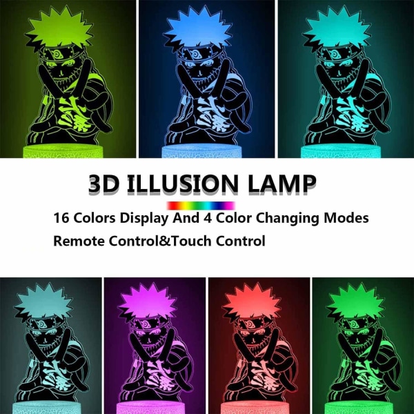 WJ 3D Natlampe, Japansk Anime Figur LED Illusion Lampe, 16 Farveændringer med Fjernbetjening og Touch Lampe, Fødselsdag Julegaver til Drenge Piger Børn Naruto sträcker ut handen