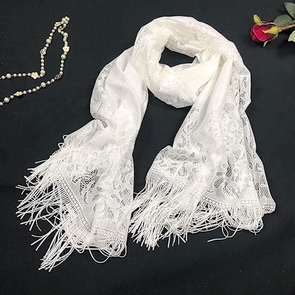 Kvinners Blomsterblonder Sjal og Wraps for Kveldskjole Frynser Blonder Pashmina Sjal for Bryllup Kostyme Fest, svart
