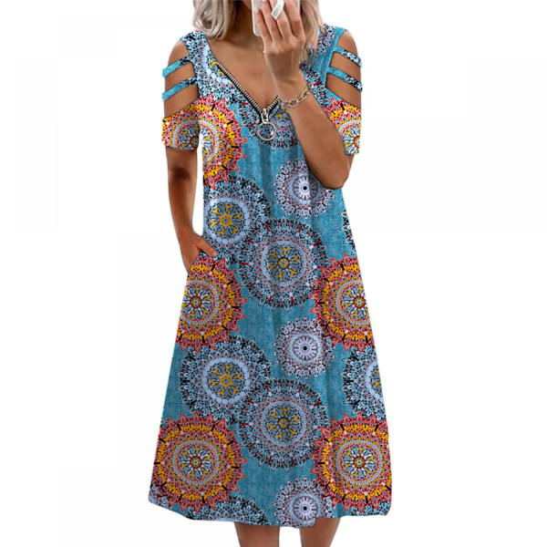 Sommerkjole til kvinder med blomsterprint, krydsende V-hals, boheme-stil, lang maxi-kjole, blå (M)