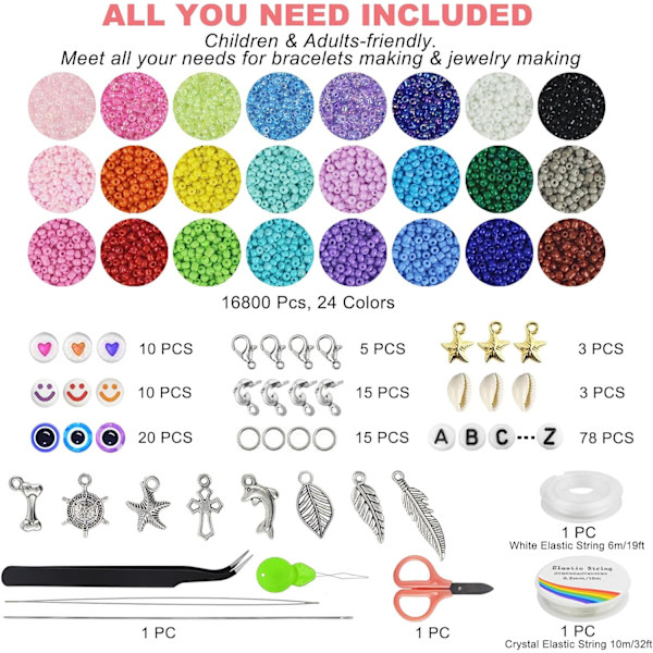 28.000 stk. 2 mm glasperler til smykkefremstillingssæt, små perler til venskabsarmbåndssæt, Tiny Waist Beads Kit med bogstav Gold