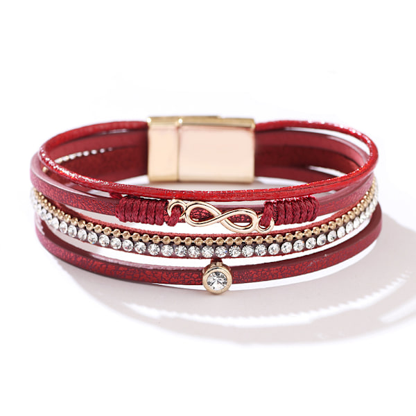 Boho Armband Läder Manschett Armband Flätad Diamant Flerlagers Armband Ladies Stapelbar Infinity Armband Smycken med magnetlås (röd)