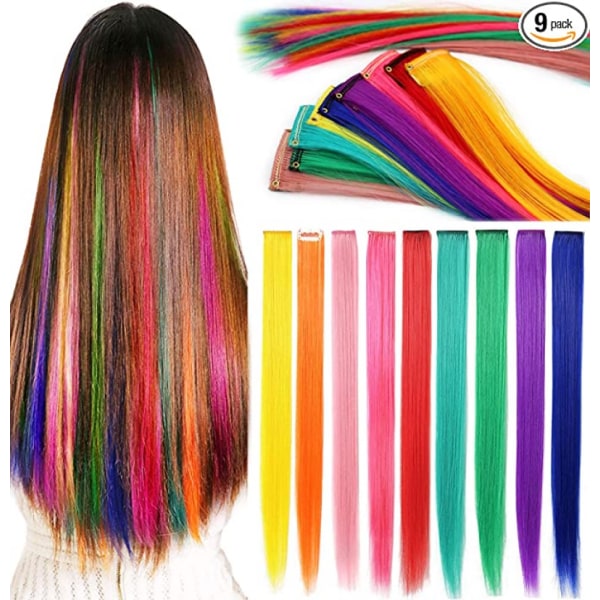Rainbow Hårförlängningar Färgat hårförlängning Clip In/On För tjejer Håraccessoarer Peruk för kvinnor 9st