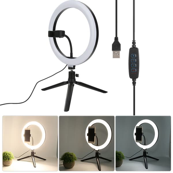 Plastik 10 tommer USB-ringfyldlys-sæt med slange, mobiltelefonclips, bordstativ til live-udsendelse og makeup