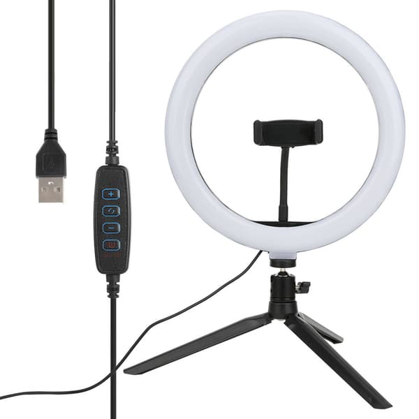 Plastik 10 tommer USB-ringfyldlys-sæt med slange, mobiltelefonclips, bordstativ til live-udsendelse og makeup